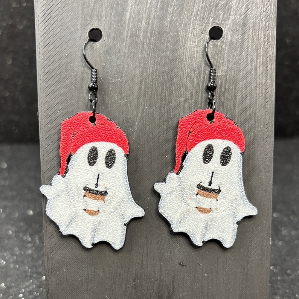 Christmas Ghost Dangle Earrings ☕️ | | Cute Holiday Coffee Lover Jewelry - Picture 1 of 4